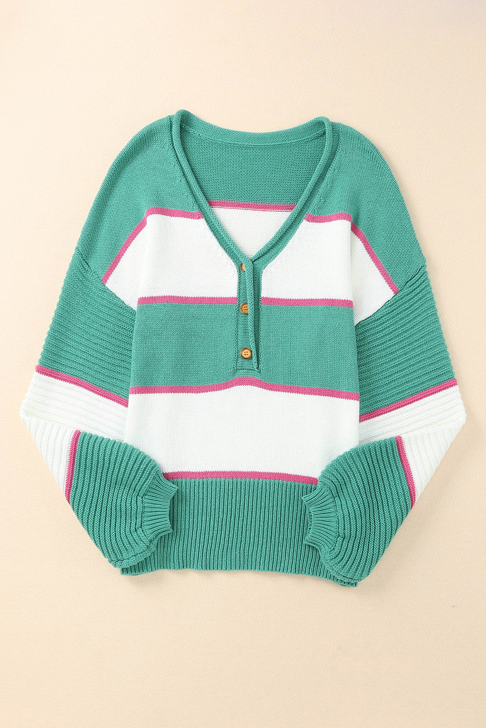 Green Striped Color Block Knitted Buttoned V Neck Sweater