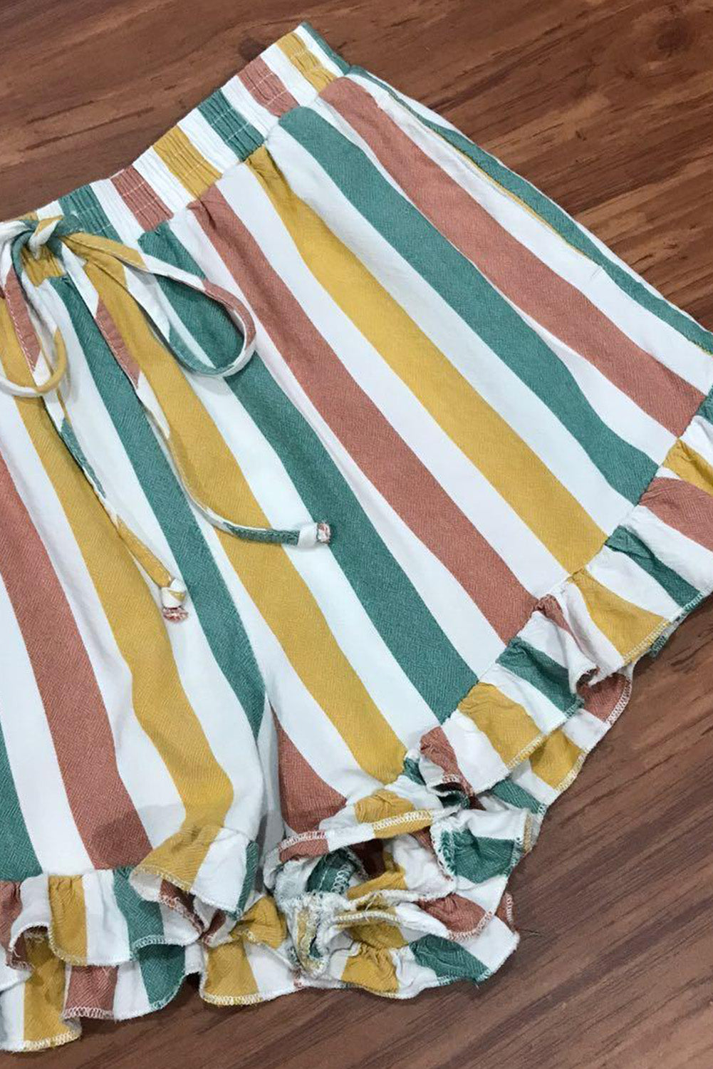 Multicolor Striped Ruffle Hem Drawstring Shorts