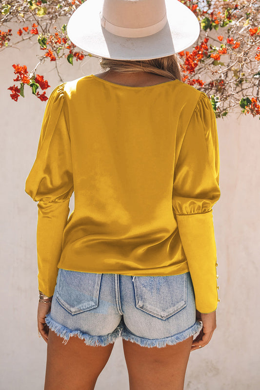 Yellow Satin Buttoned Cuffs Puff Sleeve Top