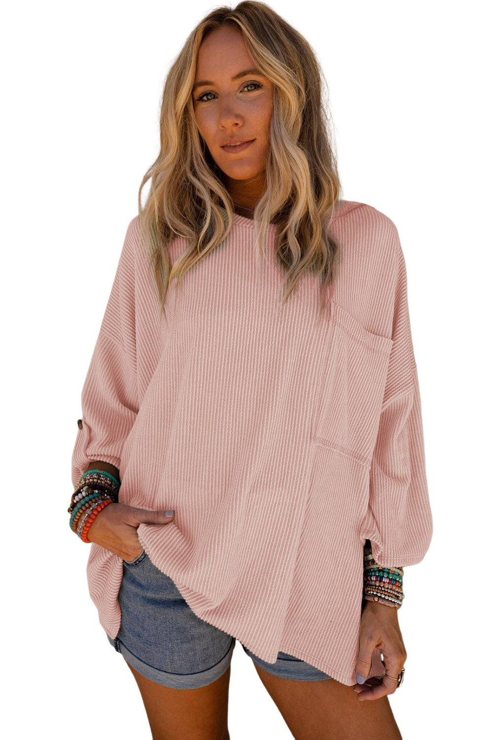 Pink Ribbed Roll-tab Sleeve Chest Pocket Oversize Top