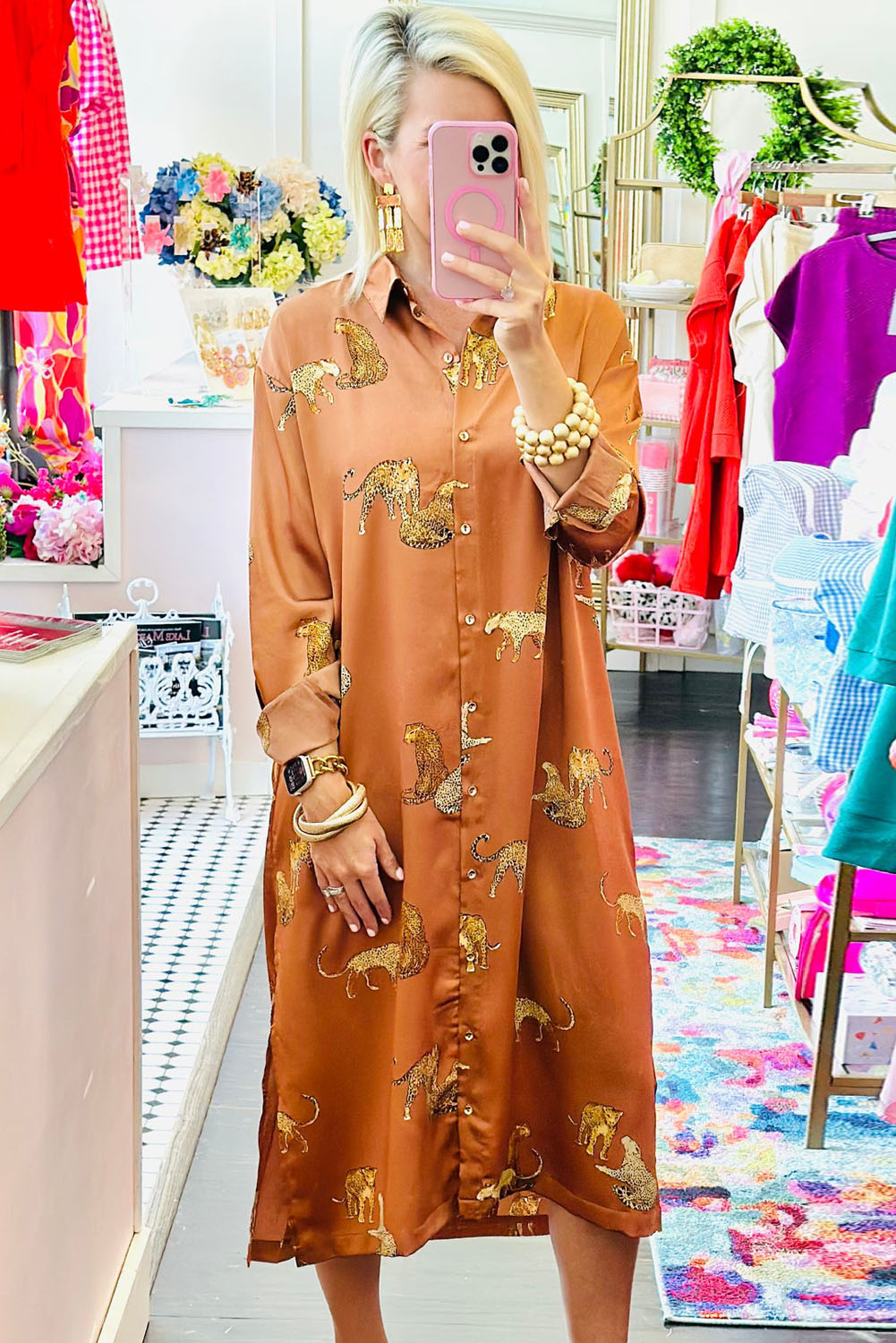 Khaki Yellow Cheetah Print Button-Up Split Shirt Dress