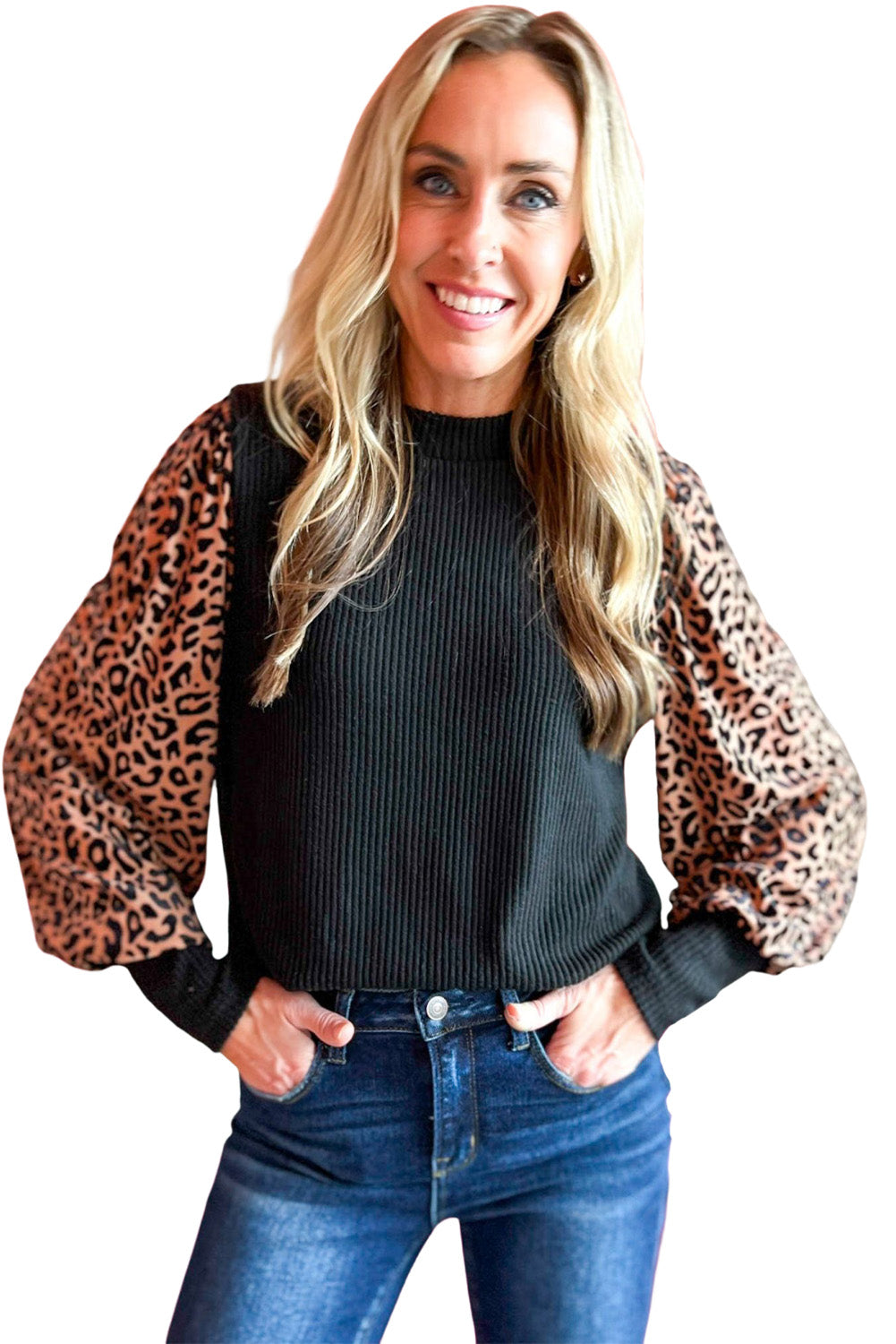 Black Leopard Print Long Sleeve Ribbed Knit Blouse