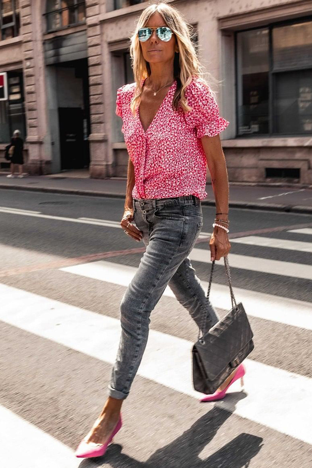 Pink Abstract Print Buttoned Ruffle Sleeve Shirt