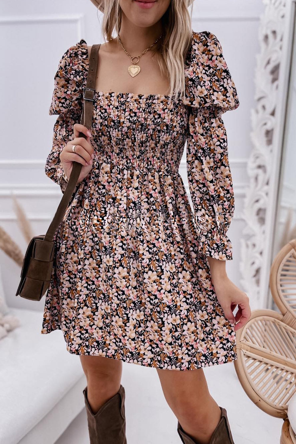 Brown Floral Puff Sleeve Square Neck Smocked Pleated Dress