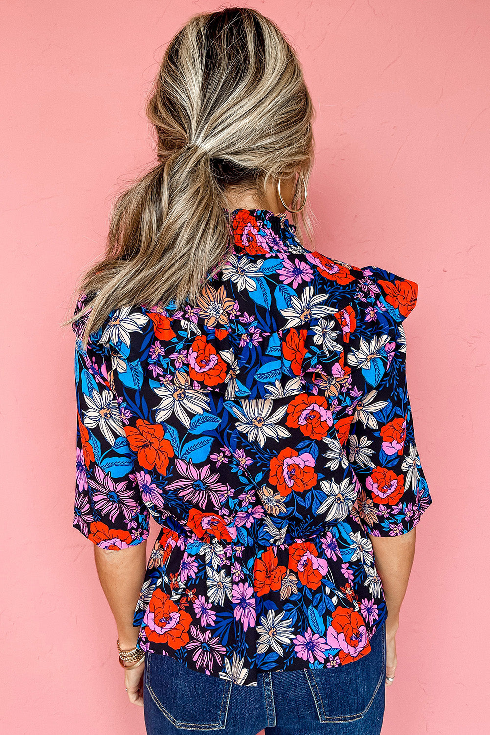 Blue Floral Print Ruffle Peplum Top