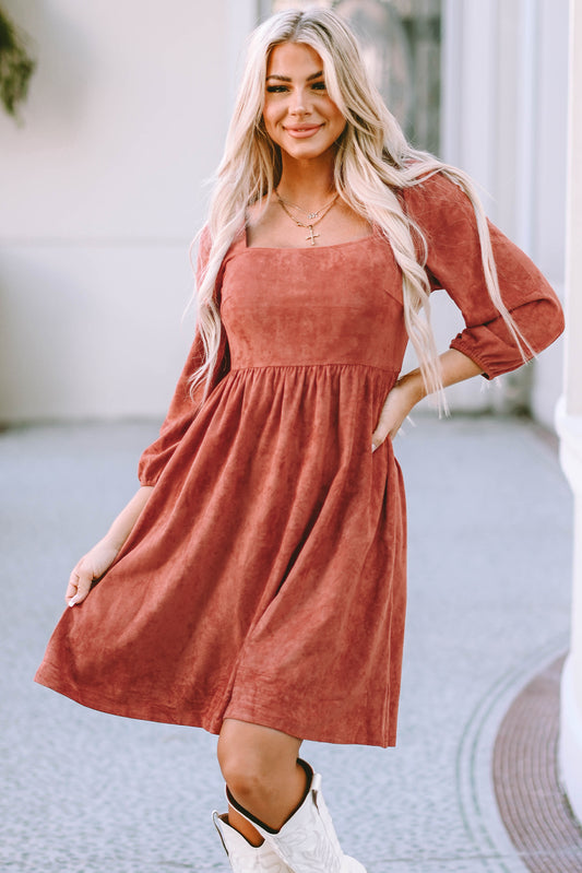 Brown Suede Square Neck Puff Sleeve Dress