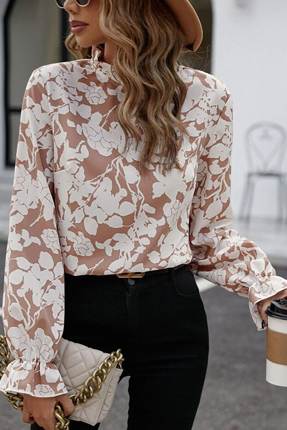 Flaxen Floral Print Frilled Neckline Flounce Sleeve Blouse