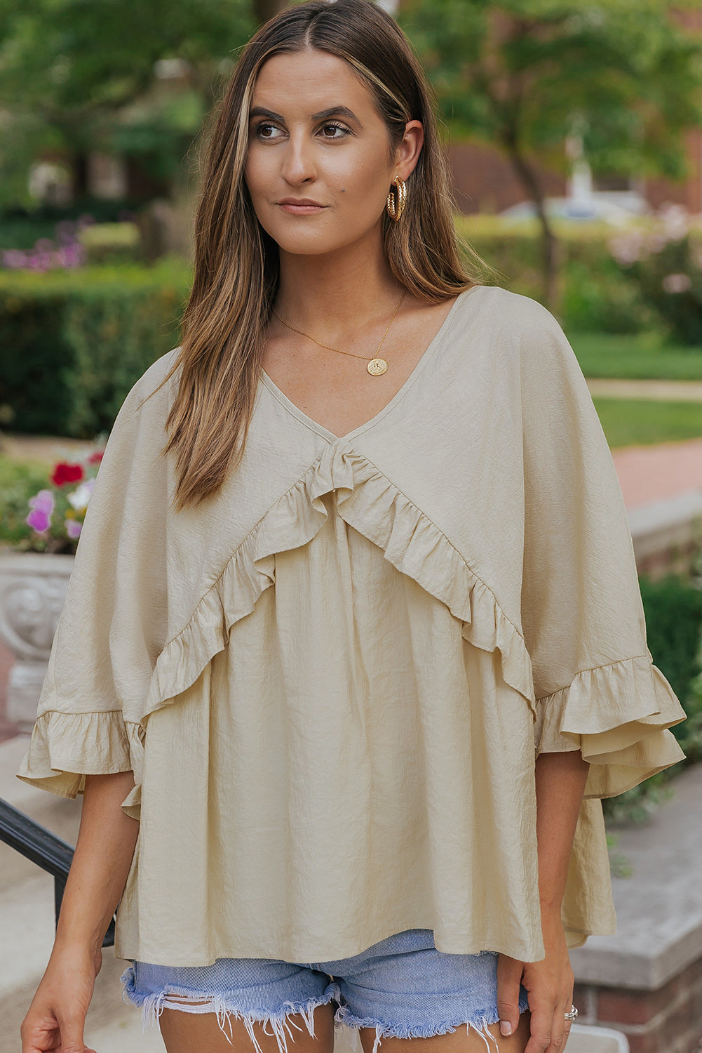 Apricot V Neck Draped Batwing Sleeve Ruffle Top