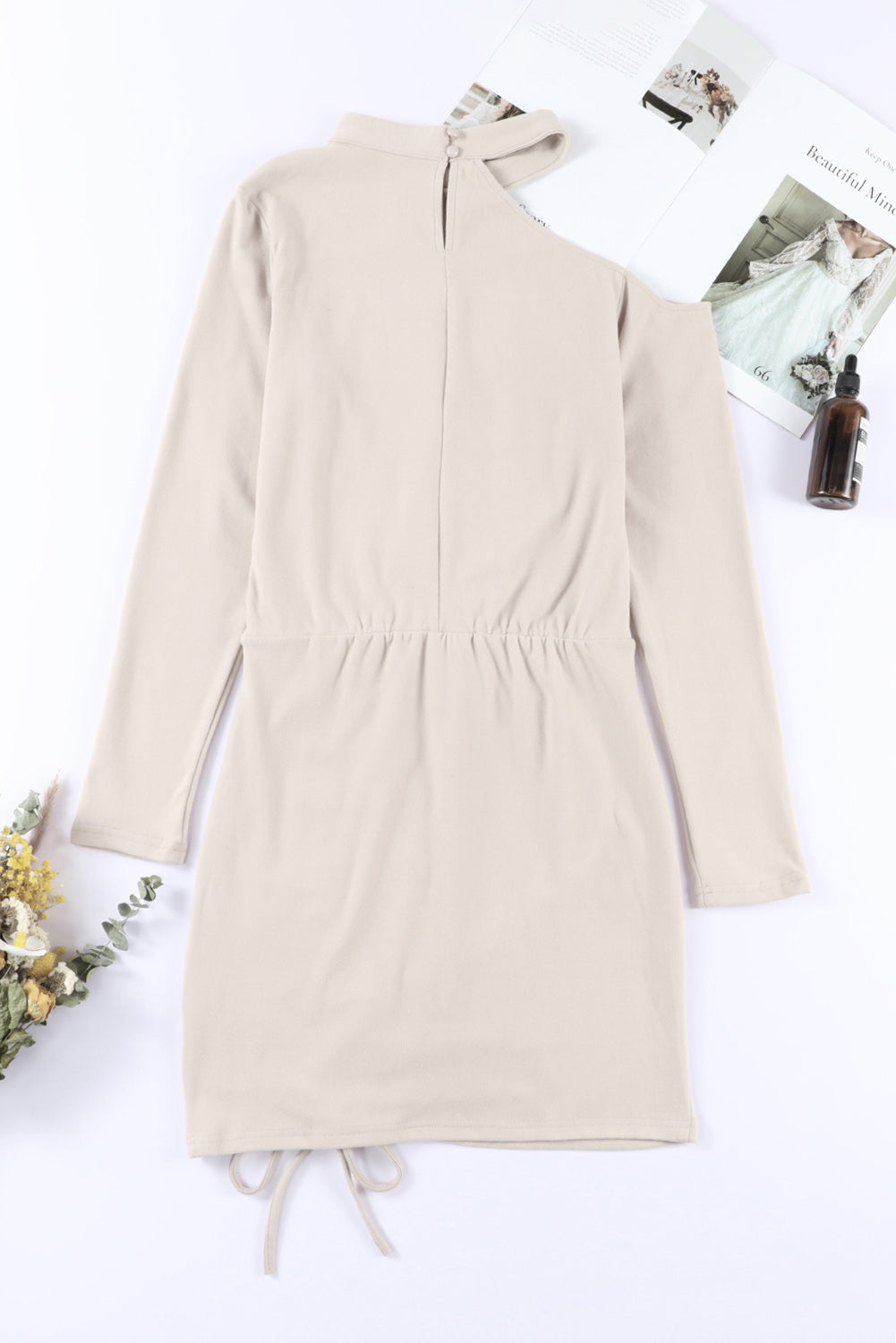 Brown Cut-out Shoulder Drawstring Long Sleeve Knit Dress