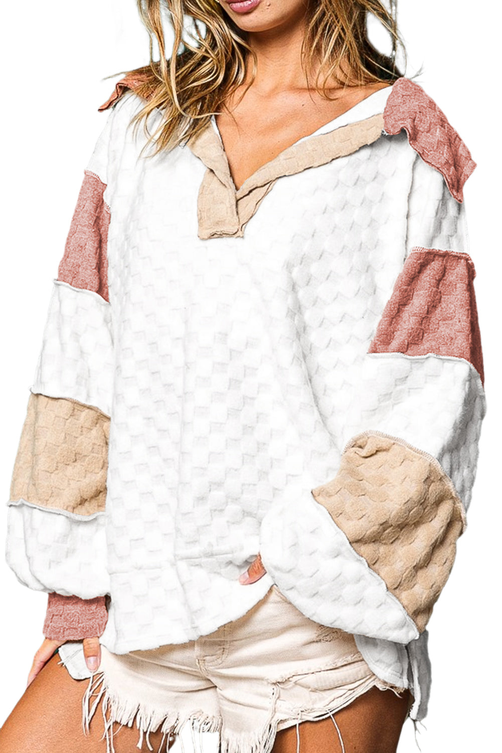 White Plaid Patchwork Exposed Seam V Neck Loose Blouse