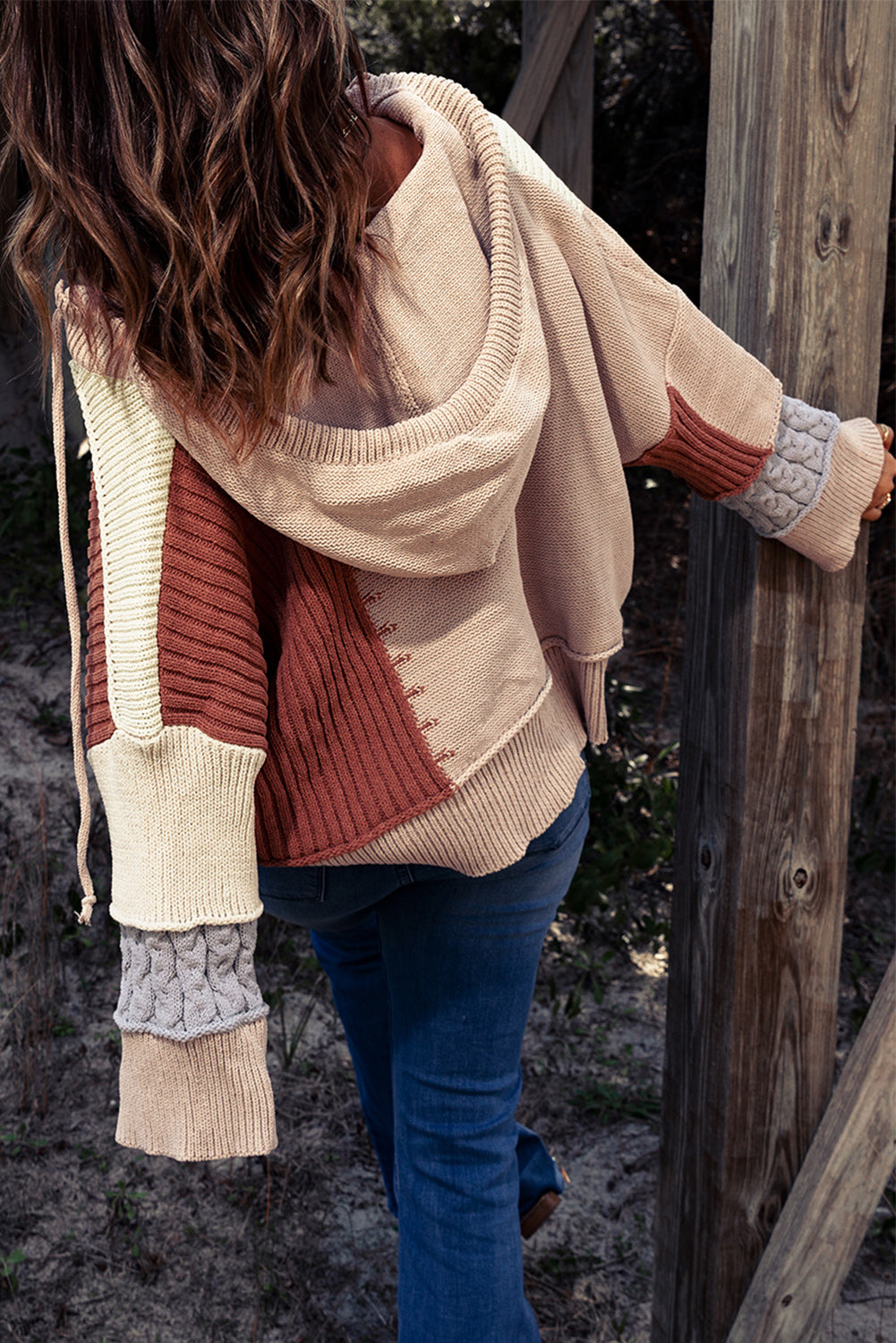 Khaki Color Block V-Neck Long Sleeve Relaxed Sweater