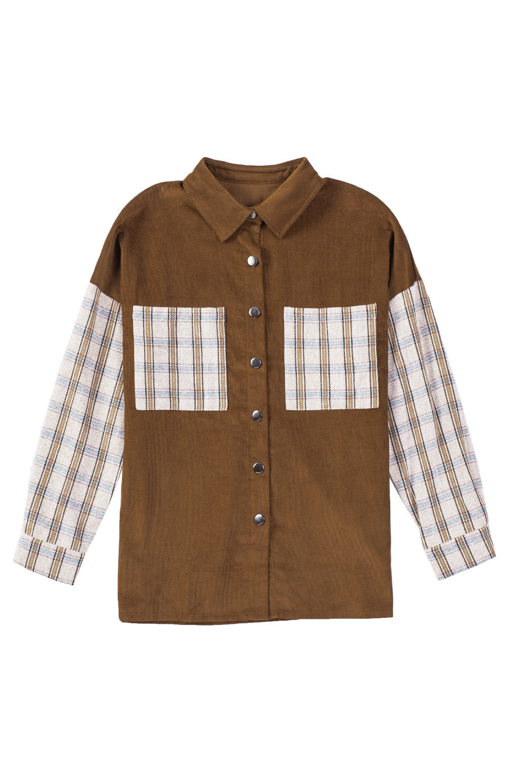 Brown Plaid Patchwork Corduroy Shirt Jacket with Pocket