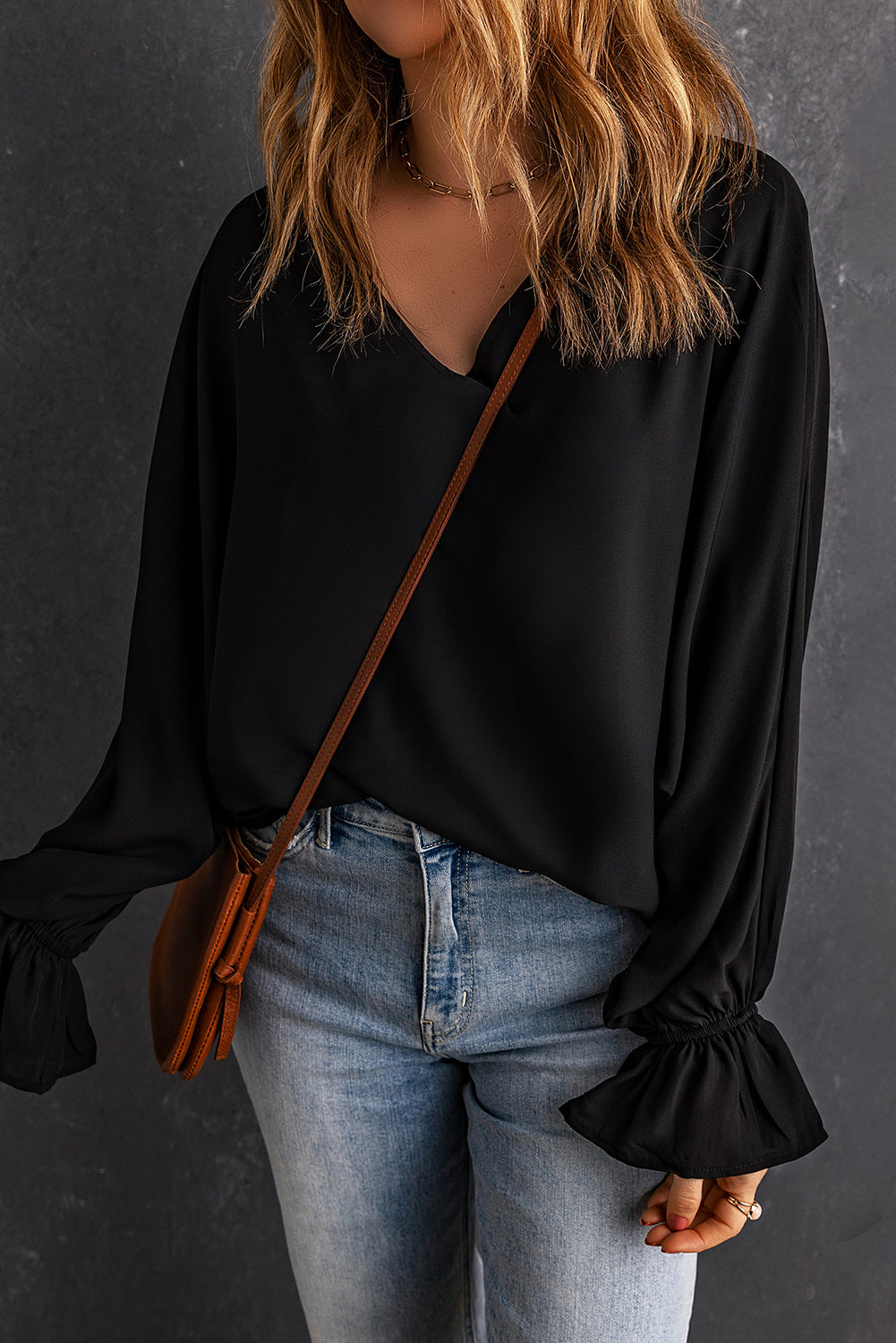 Black Flared Cuff Bishop Sleeve Blouse