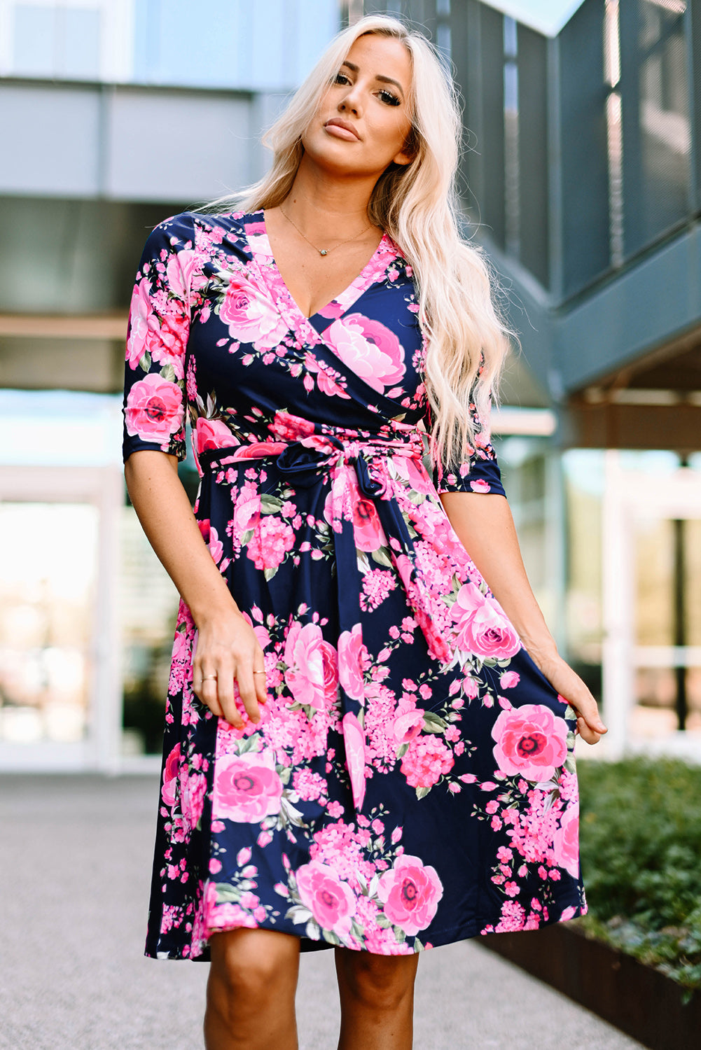 Blue Wrap V Neck Floral Dress with Belt