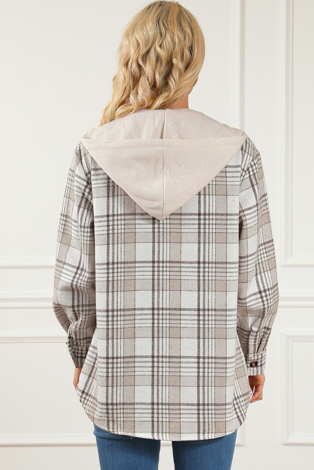 Khaki Plaid Removable Hood Buttoned Shacket