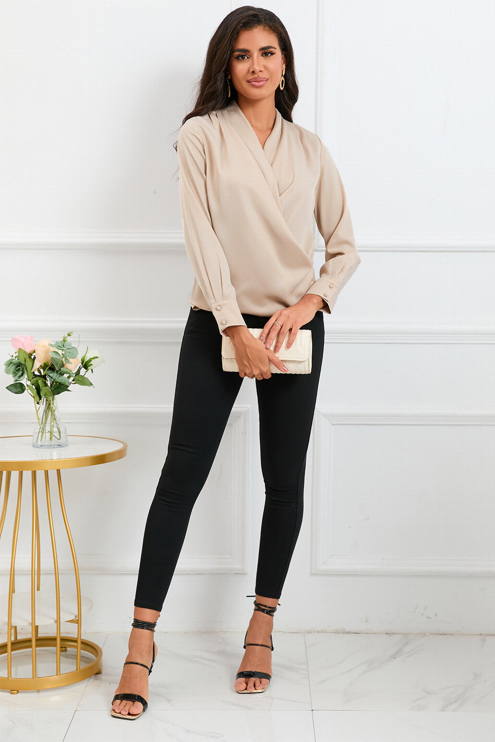 Apricot Solid Wrap V Neck Long Sleeve Top