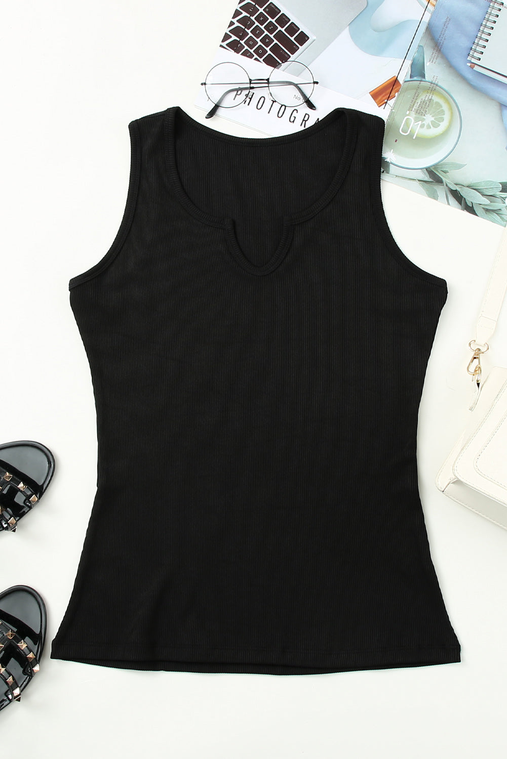 Black Split Neck Ribbed Knit Tank Top