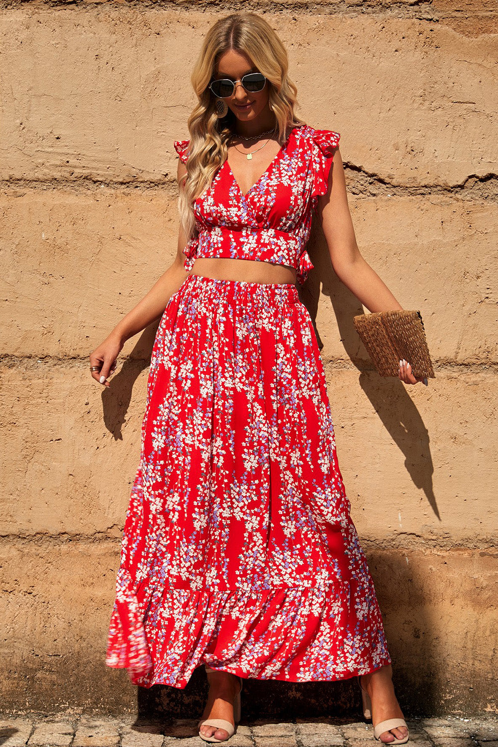 Red Multicolor Floral Ruffled Crop Top and Maxi Skirt Set