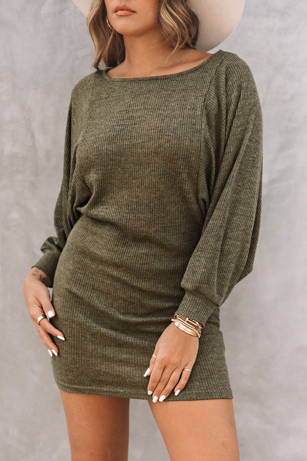 Green Batwing Sleeves Ribbed Knit Sweater Dress