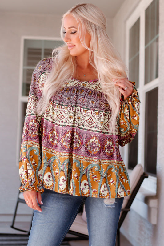 Multicolor Boho Print V Neck Bubble Sleeve Blouse