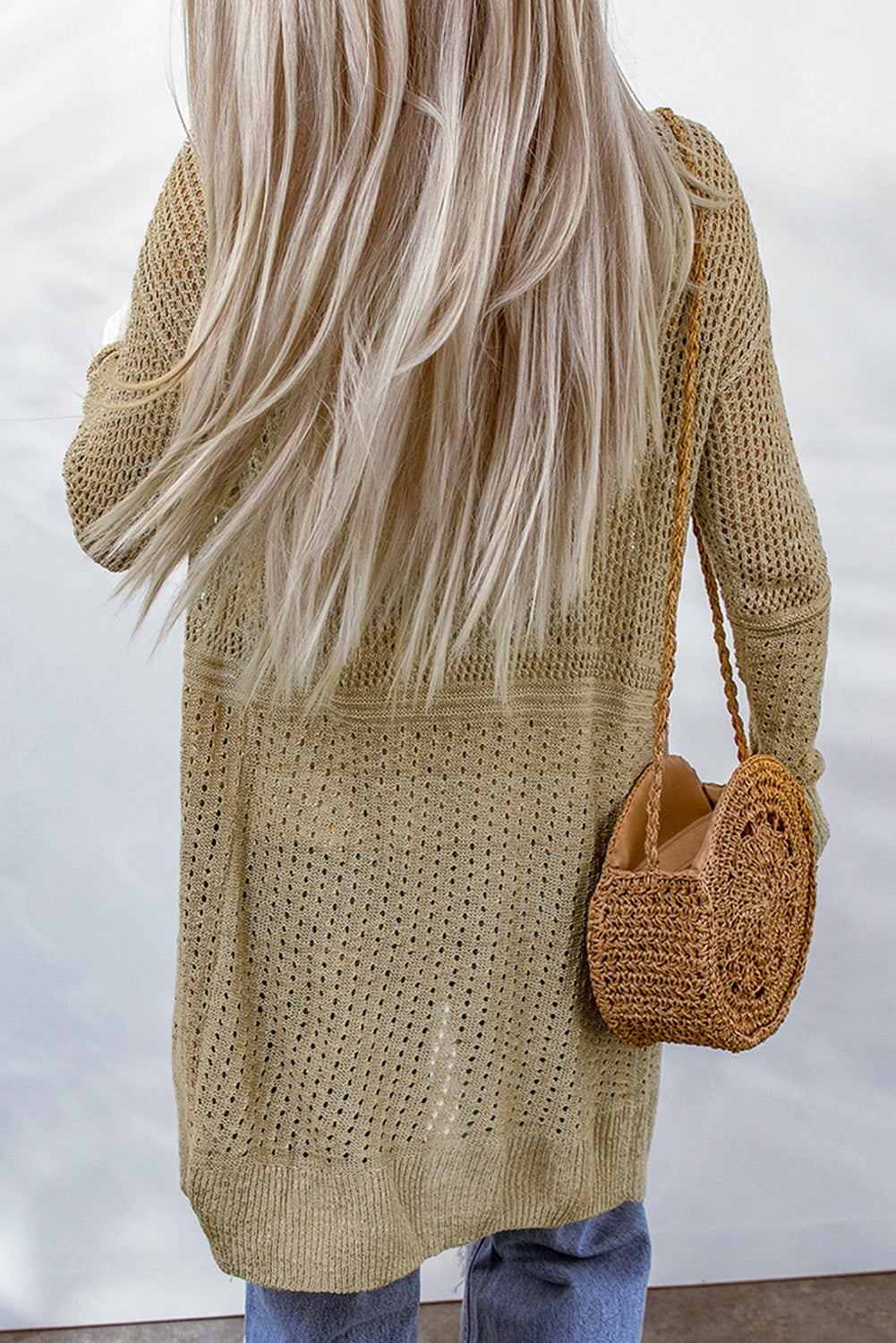 Apricot Lightweight Hollowed Knit Open Front Cardigan