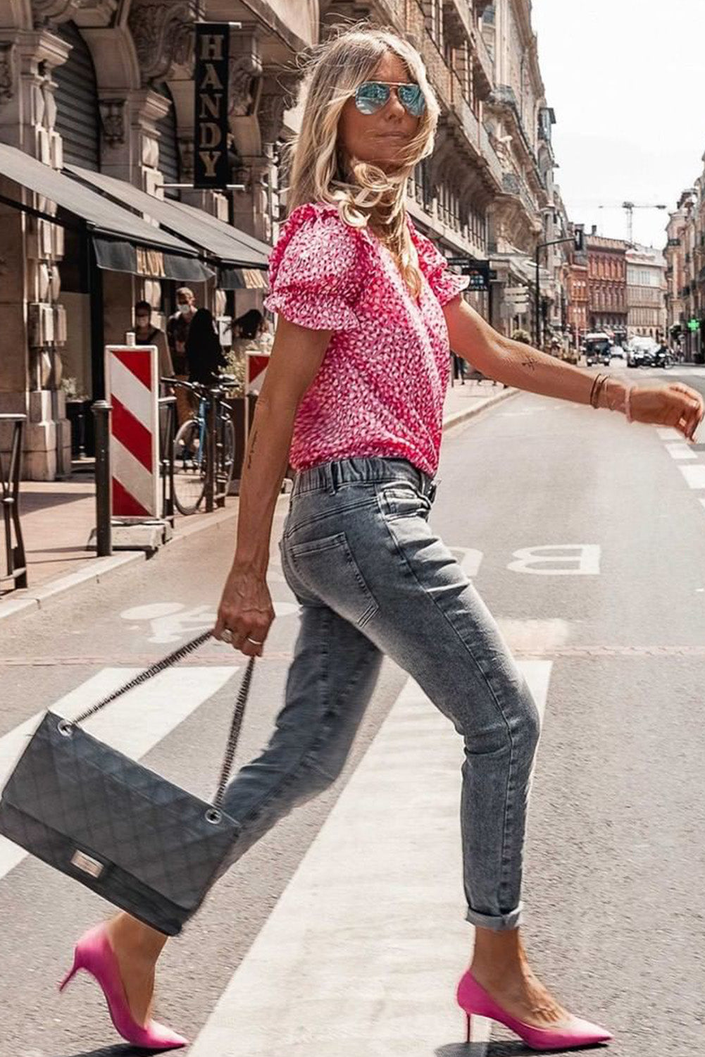 Pink Abstract Print Buttoned Ruffle Sleeve Shirt