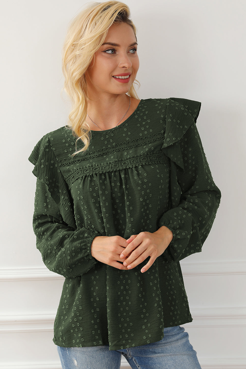 Blackish Green Lace Eyelet Ruffle Shoulder Long Sleeve Blouse