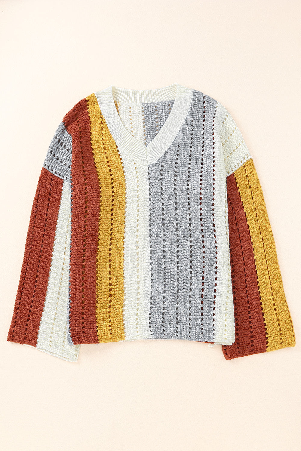 Multicolor Color Block Patchwork V Neck Knit Sweater