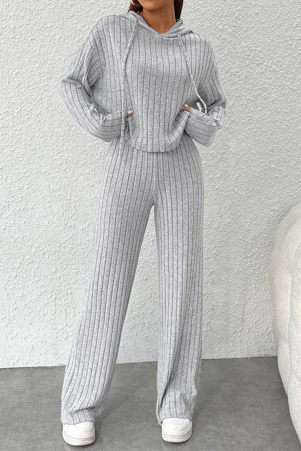 Gray Ribbed Knit Slouchy Hoodie Wide Leg Pants Set