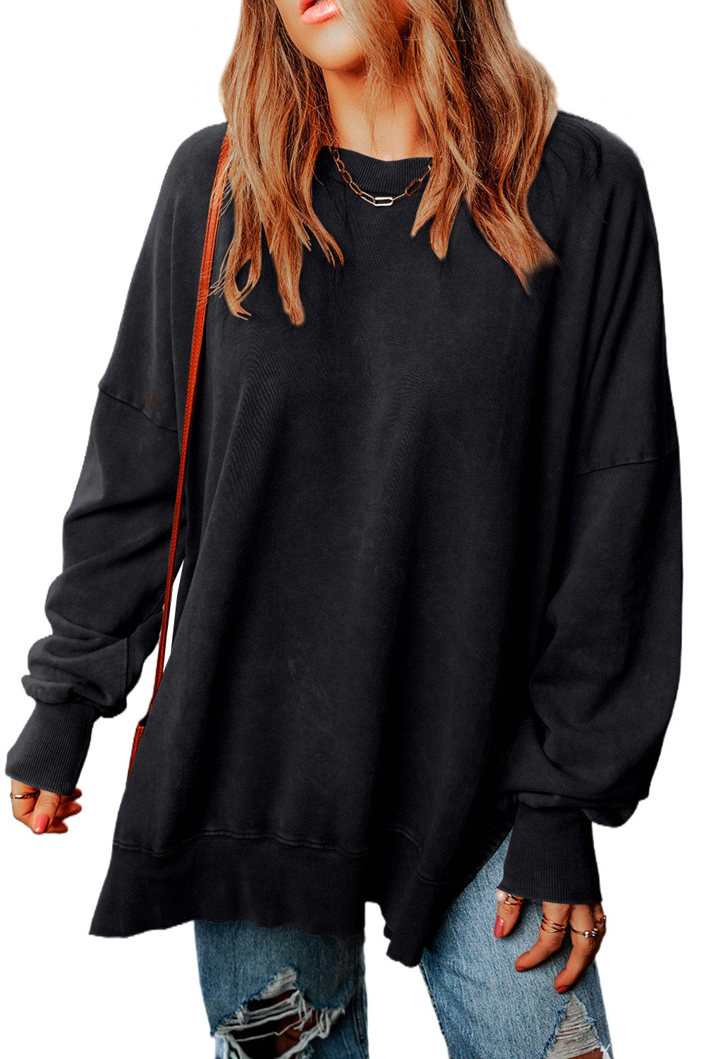 Black Drop Shoulder Ribbed Trim Oversized Sweatshirt