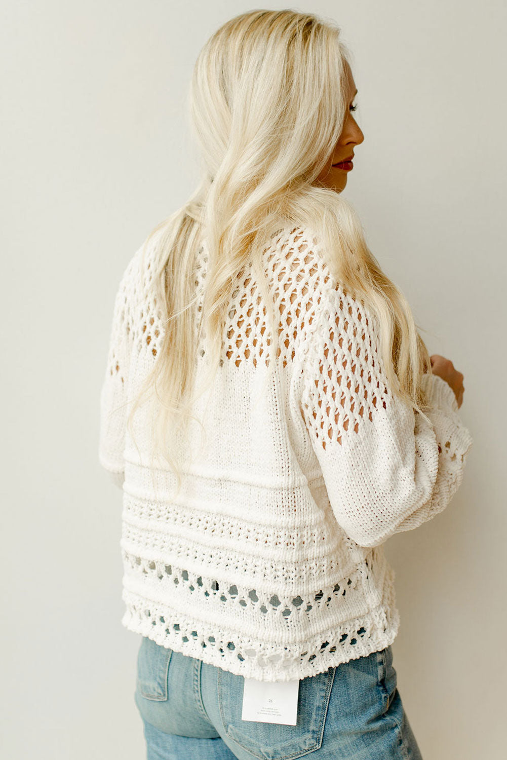 White Solid Color Pointelle Knit Puff Sleeve Sweater