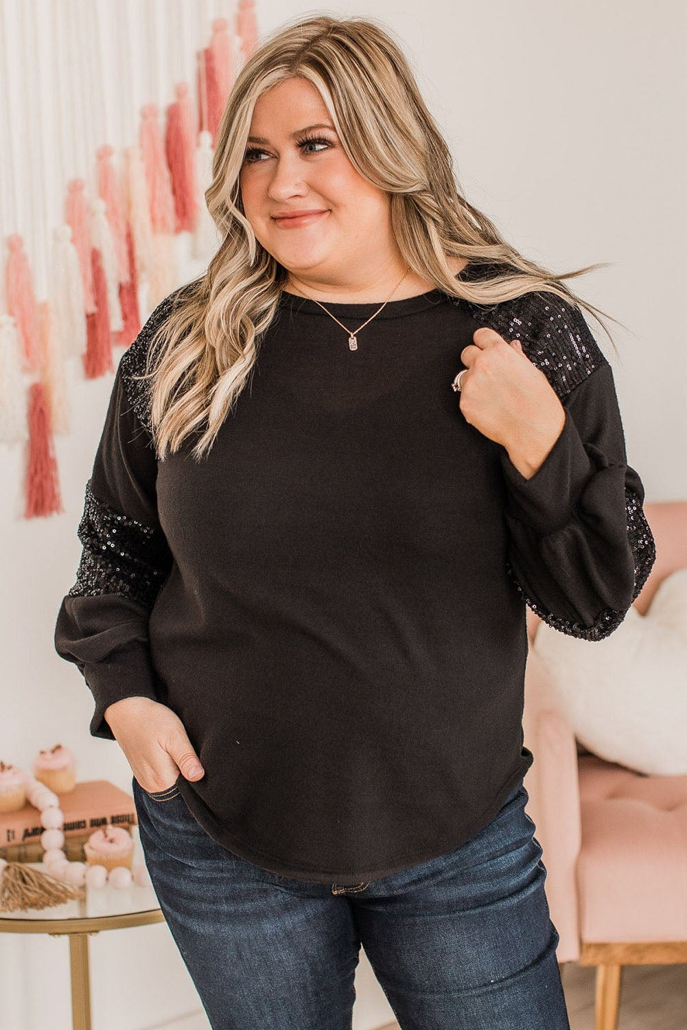 Black Plus Size Sequin Patchwork Crew Neck Long Sleeve Top