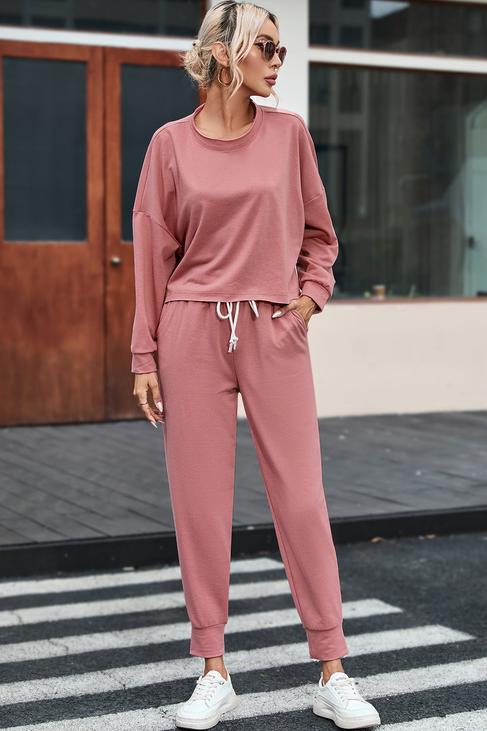 Pink Solid Sport Boxy Fit Pullover & Pants Outfit