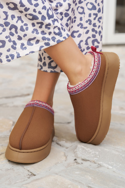 Chestnut Suede Contrast Print Round Toe Plush Lined Flats