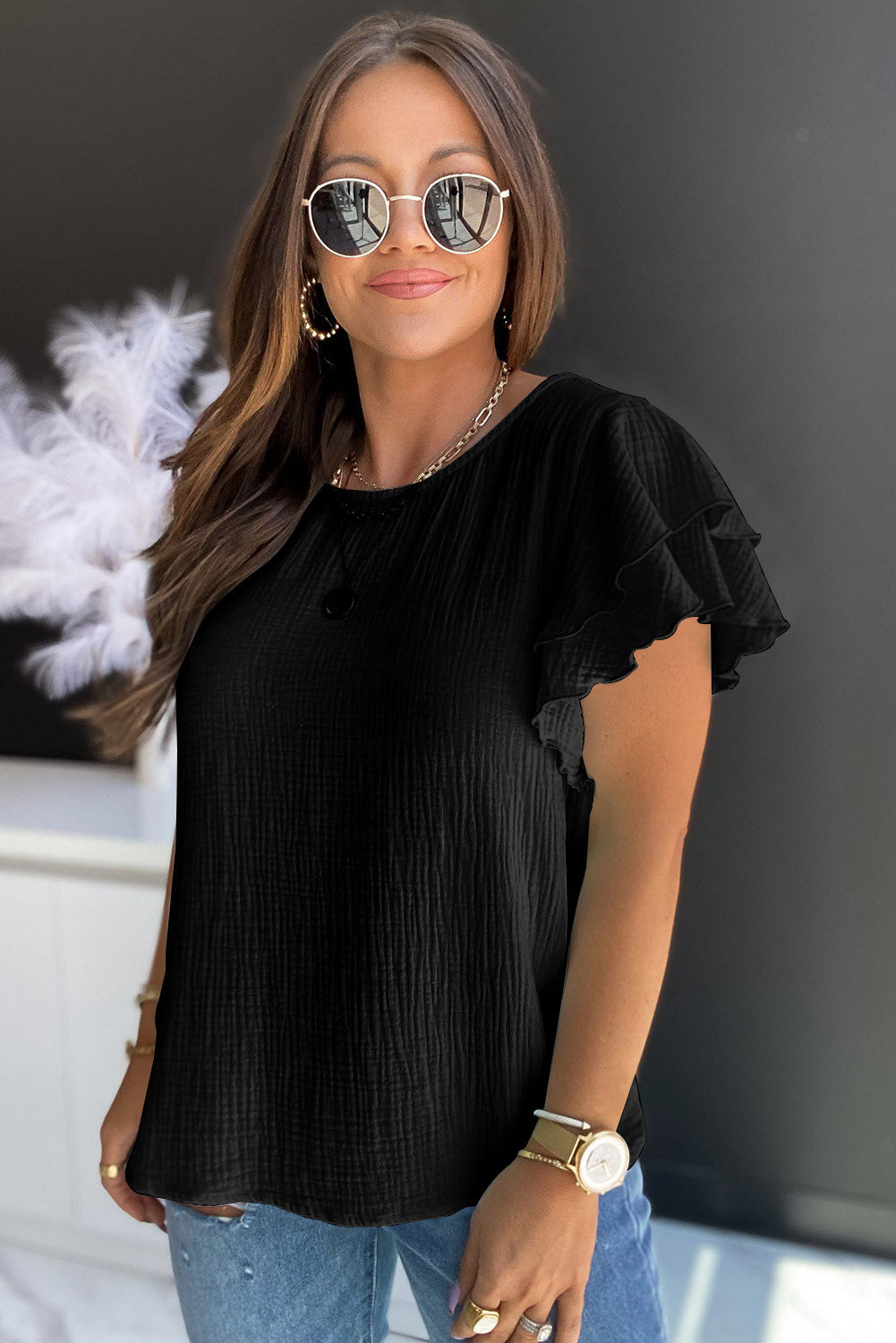 Black Textured Tiered Ruffled Short Sleeve Blouse