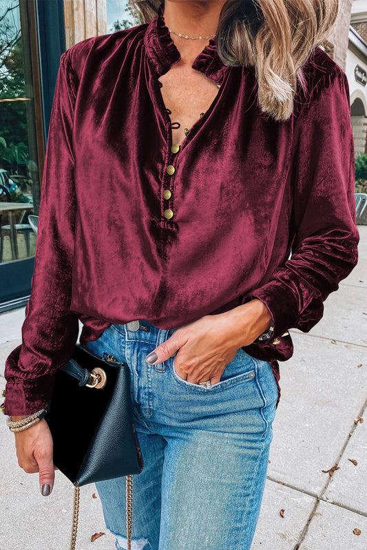 Biking Red Frilled Neck Buttoned Front Velvet Top