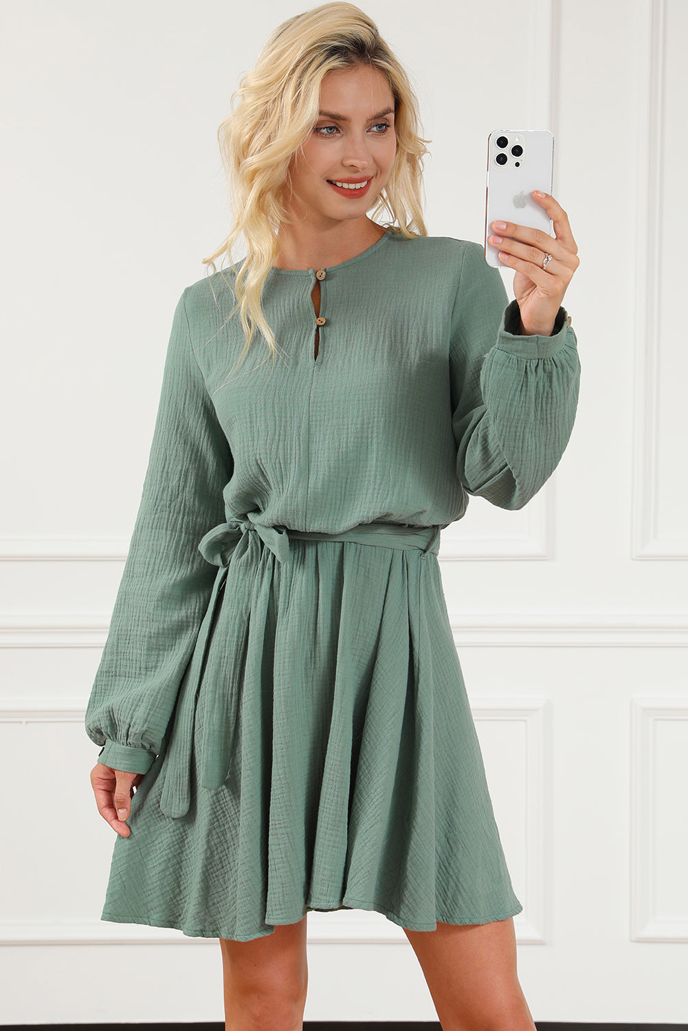 Pickle Green Button Neck Puff Sleeve Belted Pleated Mini Dress