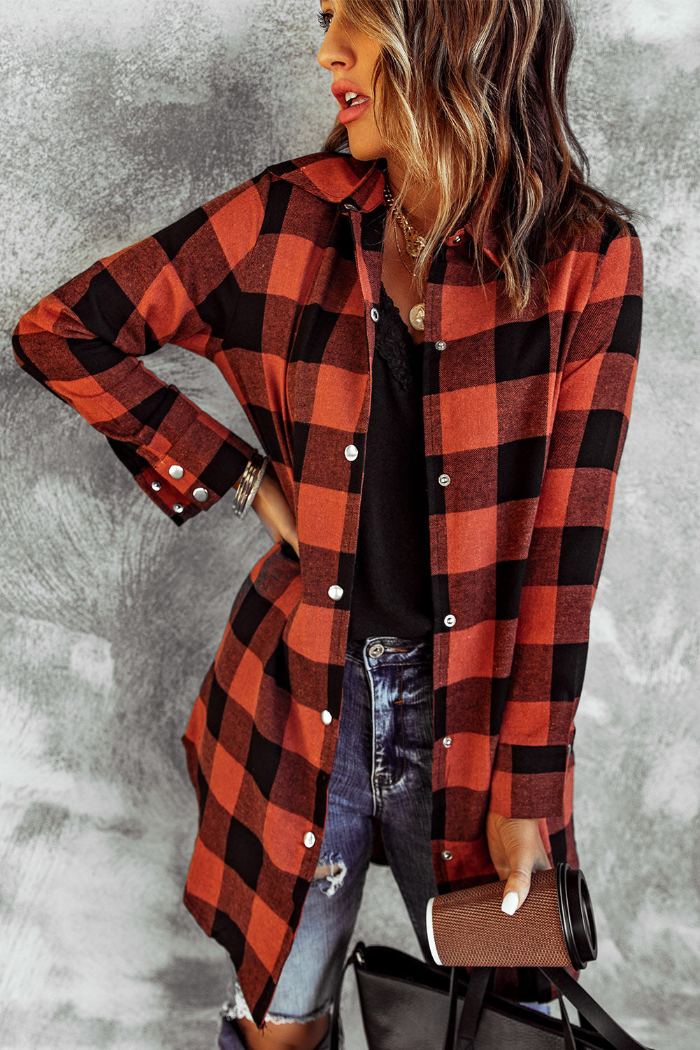 Red Turn-down Collar Plaid Shirt Coat