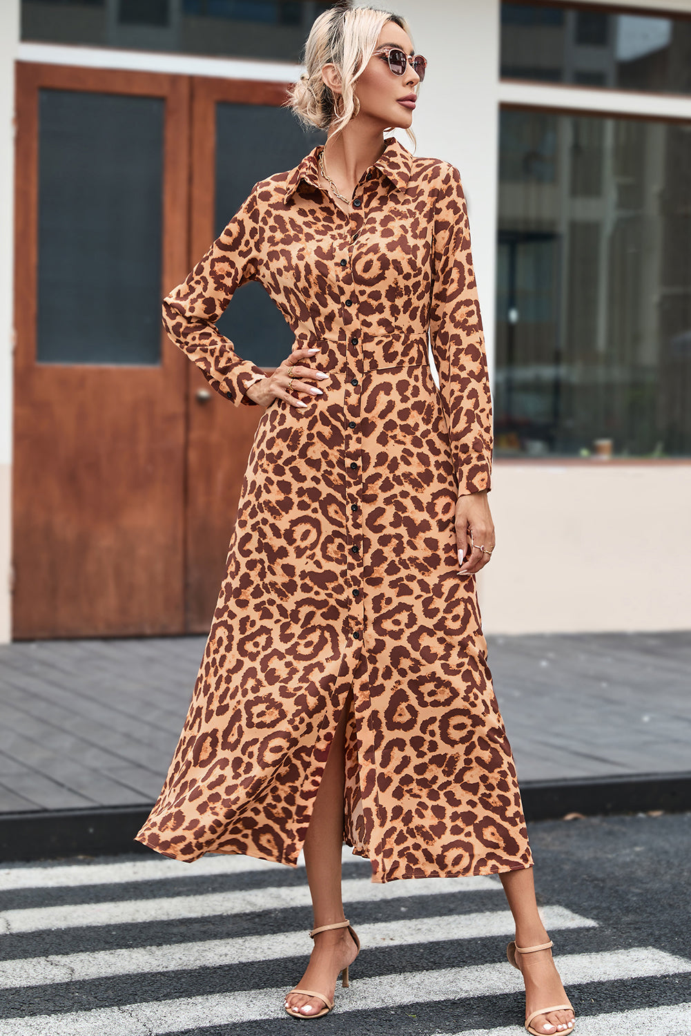 Leopard Button-Up Long Sleeve Maxi Dress