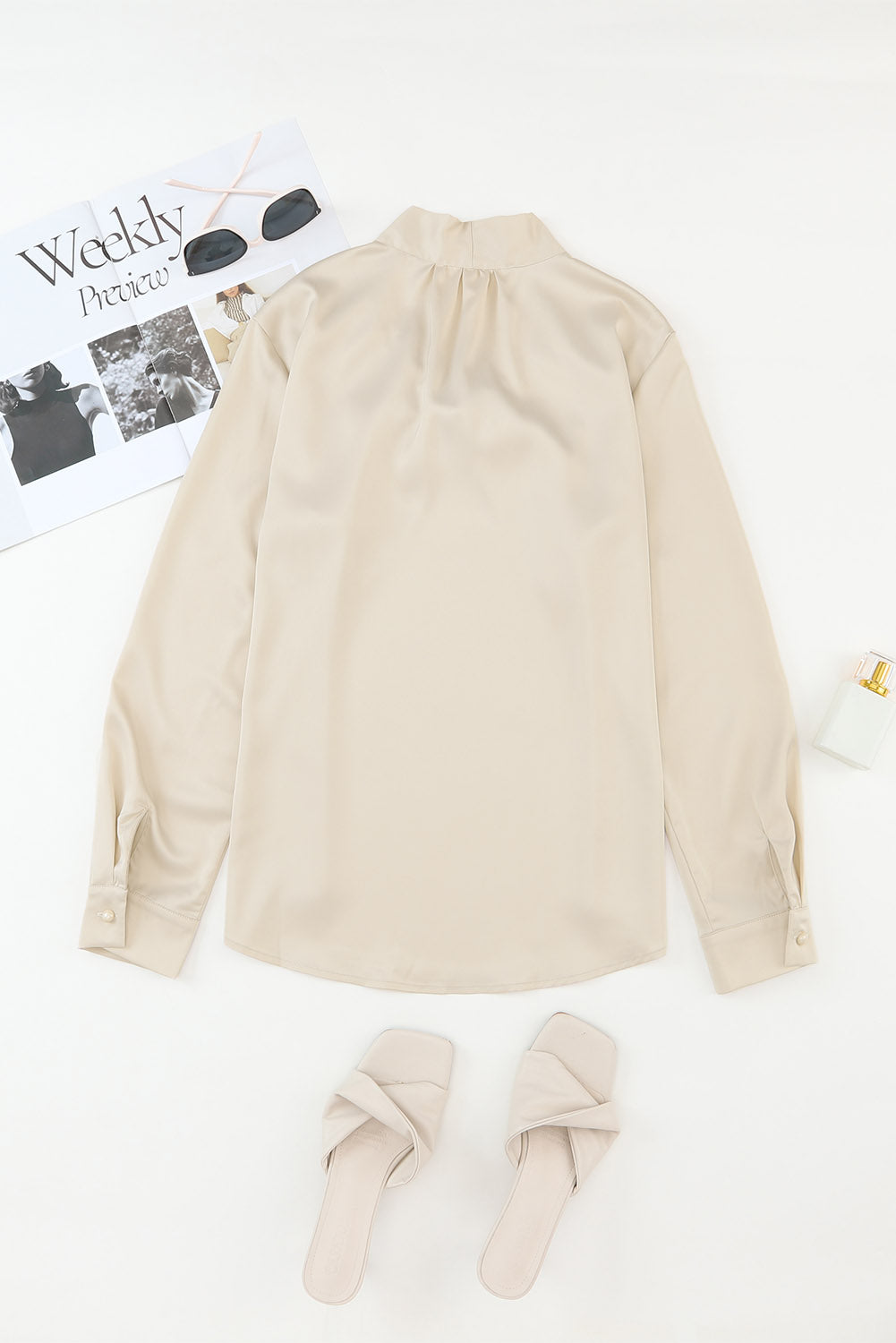 Apricot Solid Bow Tie Long Sleeve Blouse