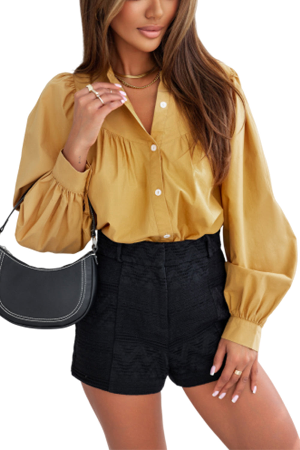 Yellow Puff Sleeve Pleated Loose Shirt