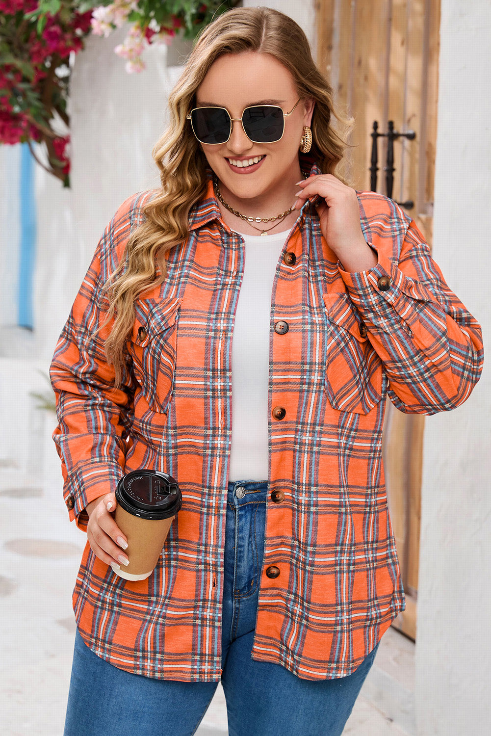 Orange Plus Size Plaid Pocketed Long Sleeve Shirt