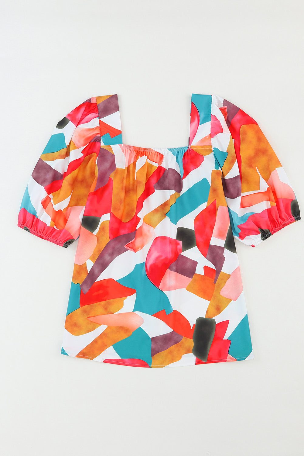 Multicolor Square Neck Abstract Print Short Sleeve Blouse