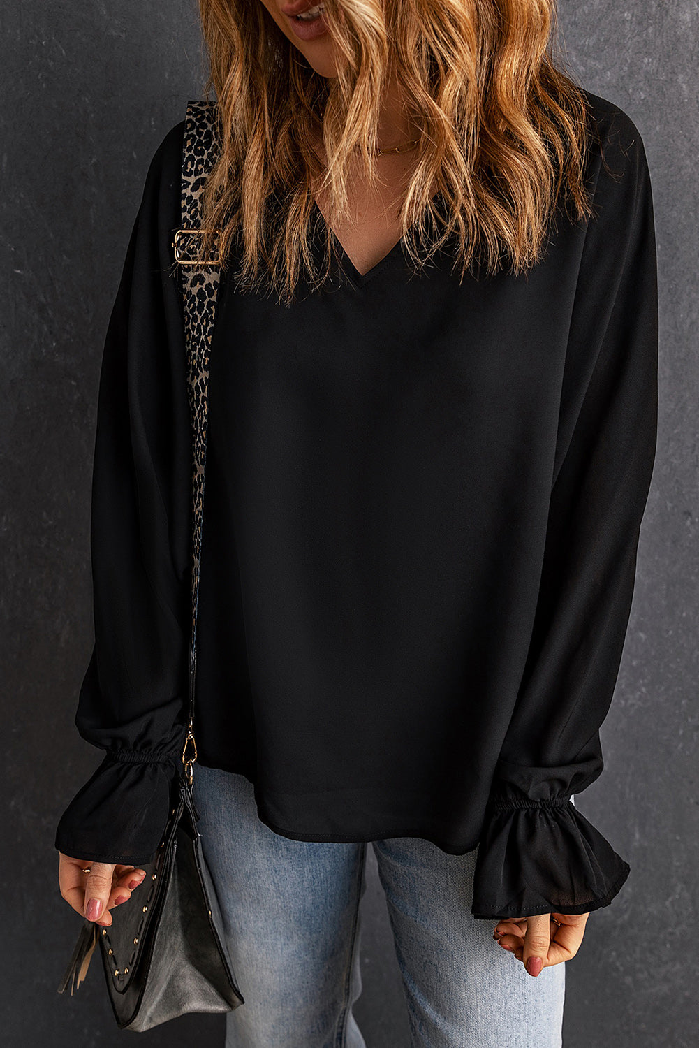 Black Flared Cuff Bishop Sleeve Blouse