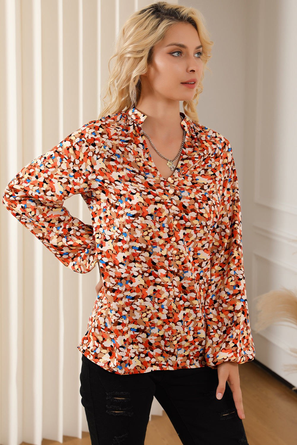 Multicolor Allover Print Split V Neck Bishop Sleeve Blouse