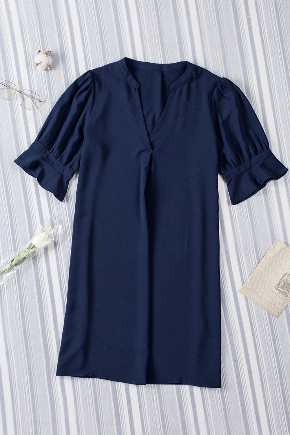 Blue Ruffled Sleeve Shift Dress