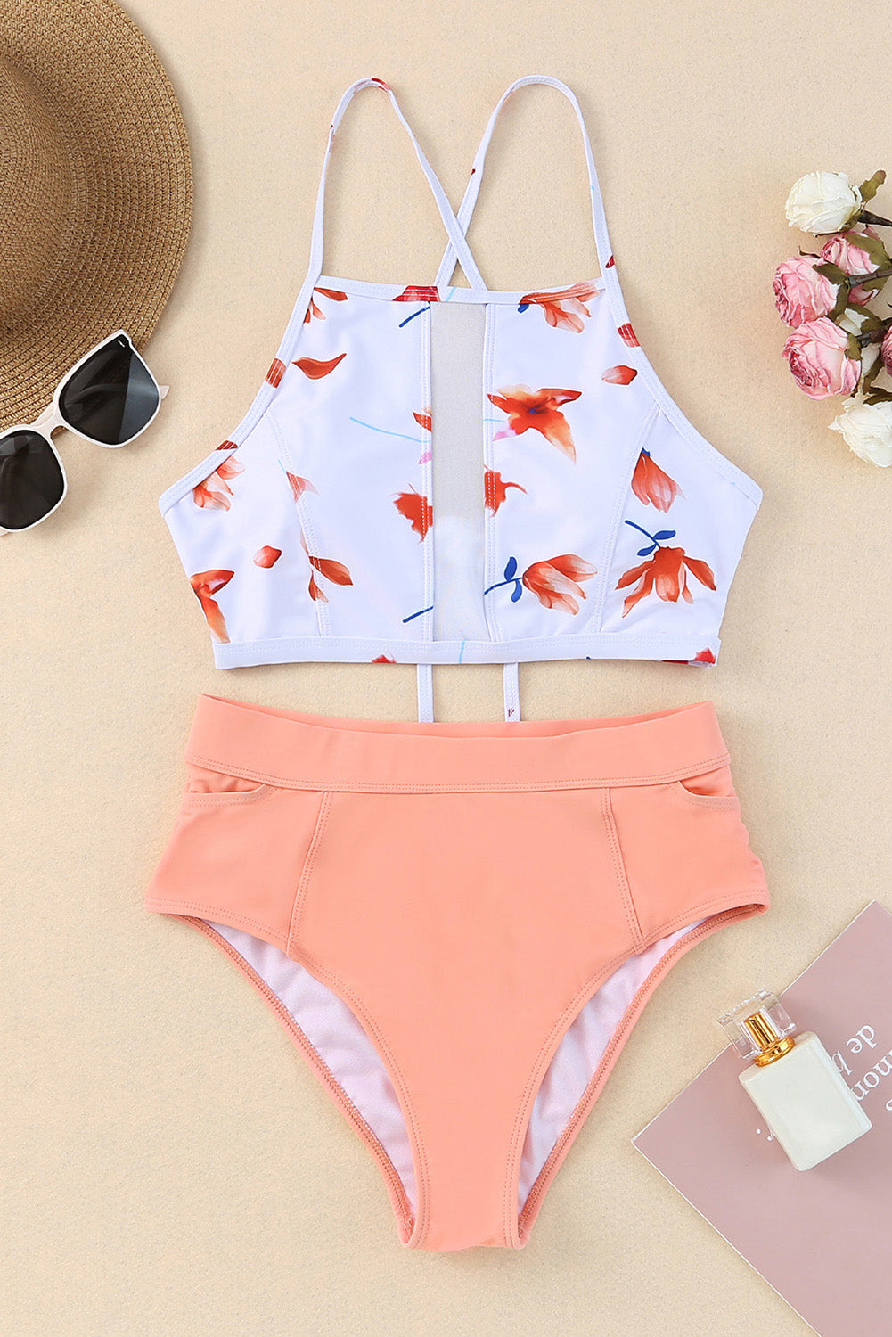 Pink Floral Printed Tank High Waist Bikini Set