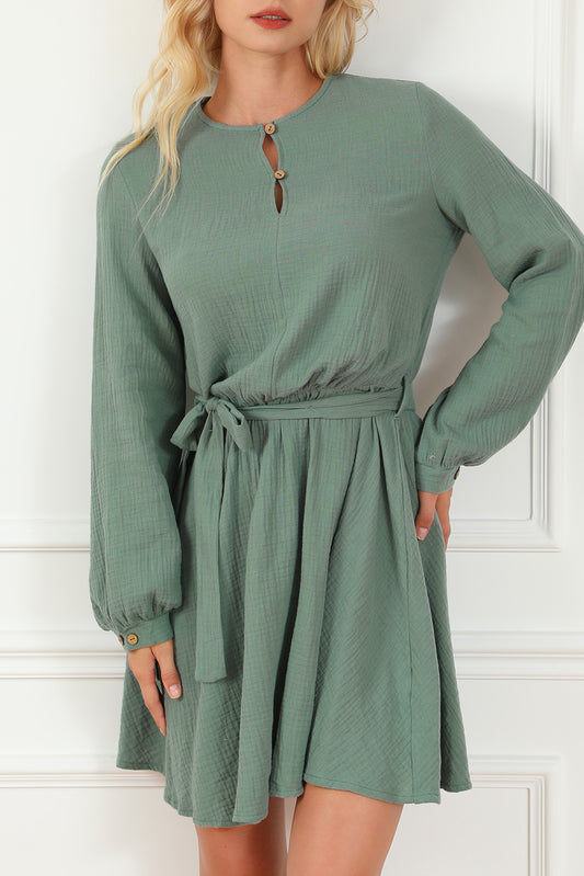 Pickle Green Button Neck Puff Sleeve Belted Pleated Mini Dress