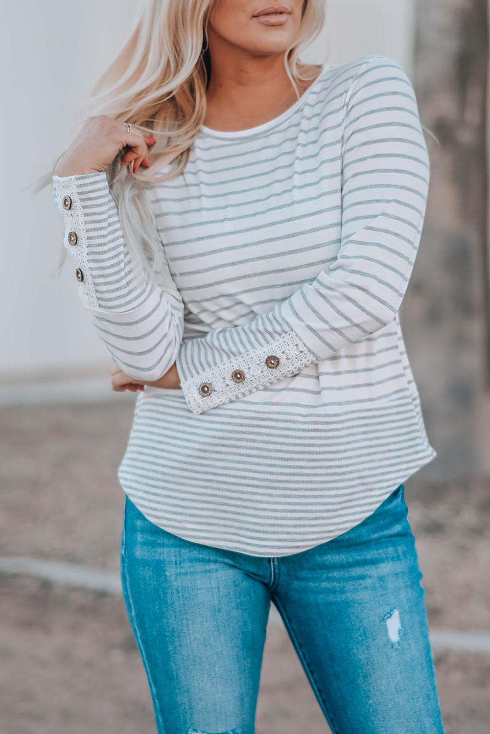 Striped Lace Buttons Splicing Long Sleeve Top