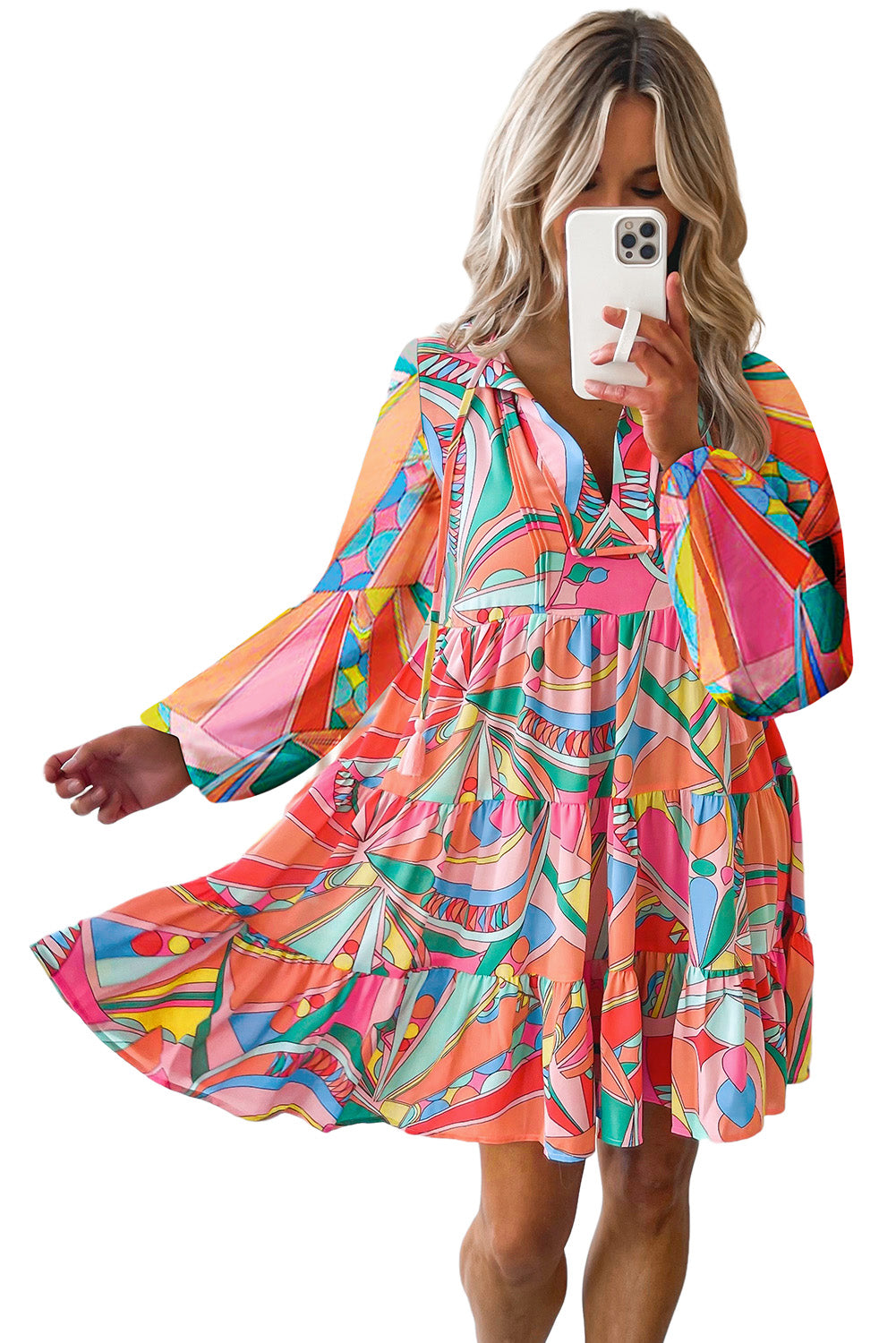 Multicolor Geometric Print Split Neck Ruffle Tiered Mini Dress